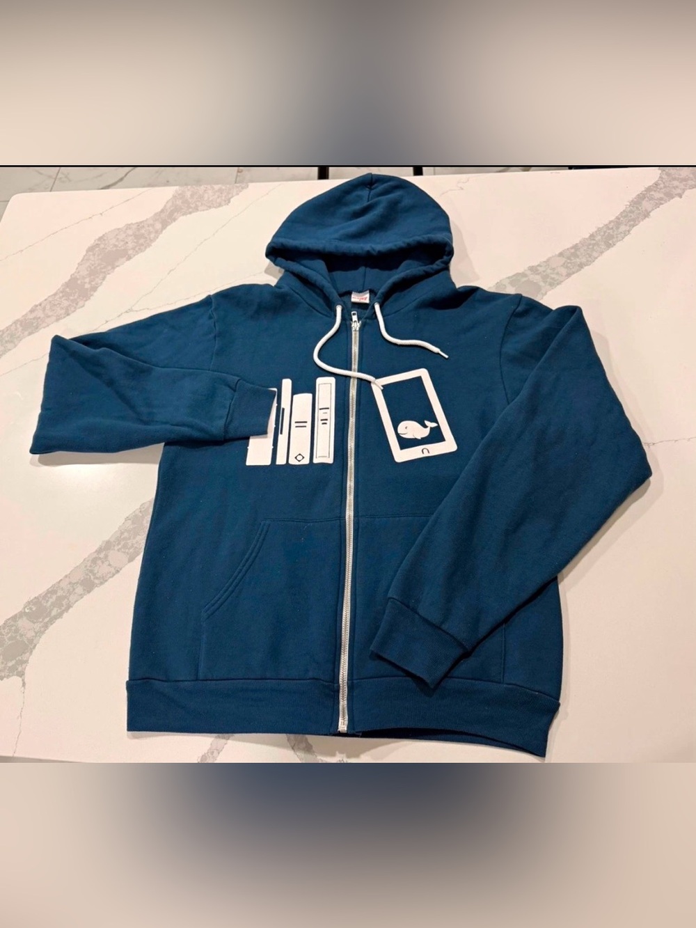 American Apparel Men's M F497 Blue Full Zip Fleece Hoodie Pockets Graphic Logo